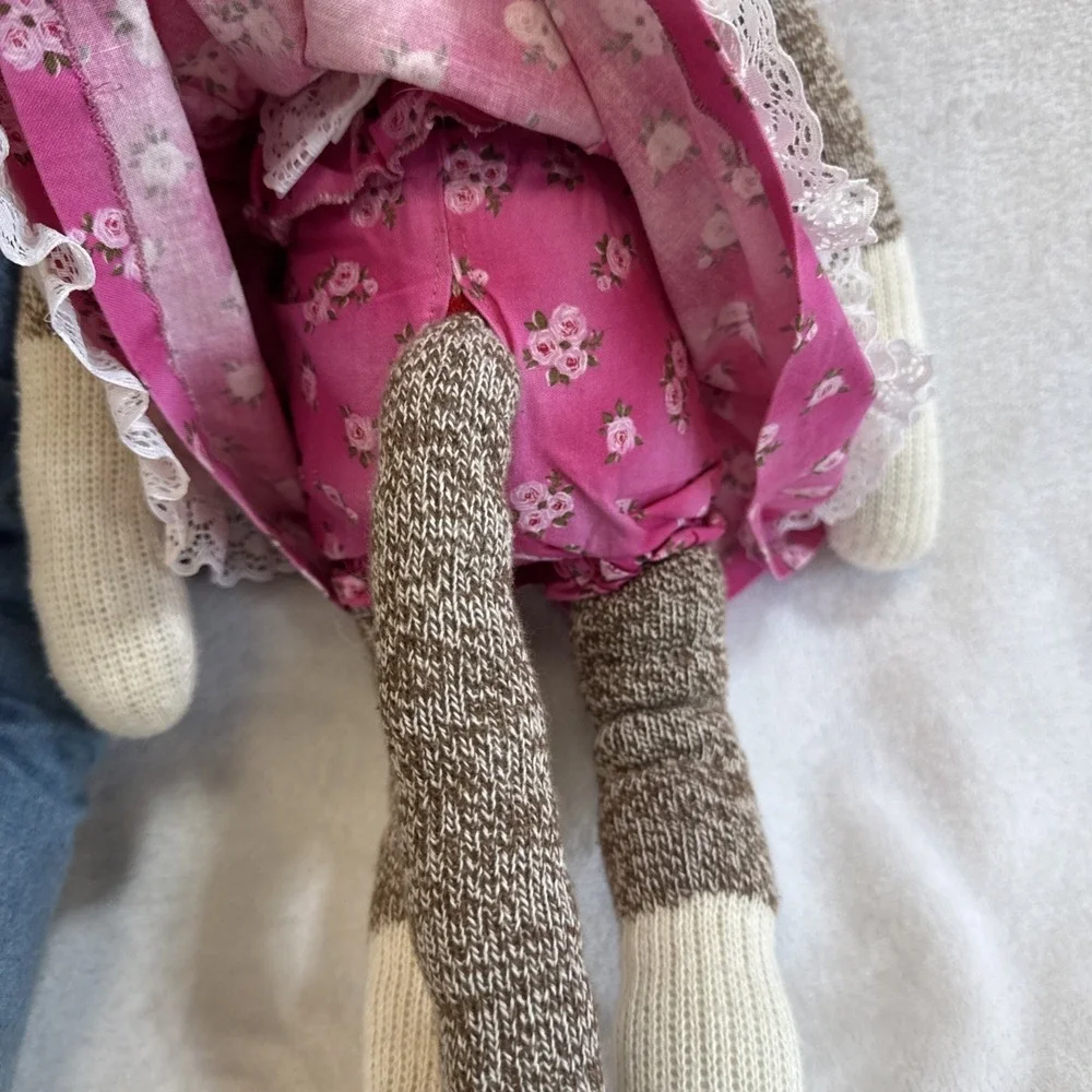 Pair of Handmade Patriotic Sock Monkeys USA Red Sweater Girl‎ Pink Dress Toys